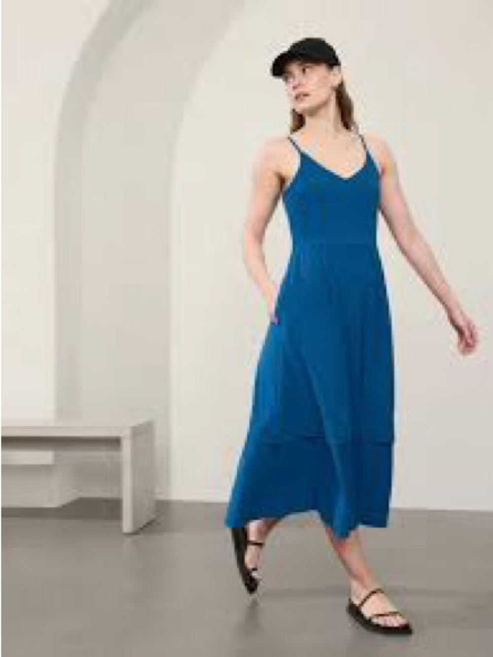 Athleta | Elation V-neck hybrid midi dress Women’s size L lapis blue athleisure